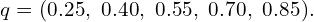 \[q = (0.25,\ 0.40,\ 0.55,\ 0.70,\ 0.85).\]