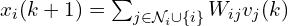 x_i(k+1) = \sum_{j \in \mathcal{N}_i \cup \{i\}} W_{ij} v_j(k)